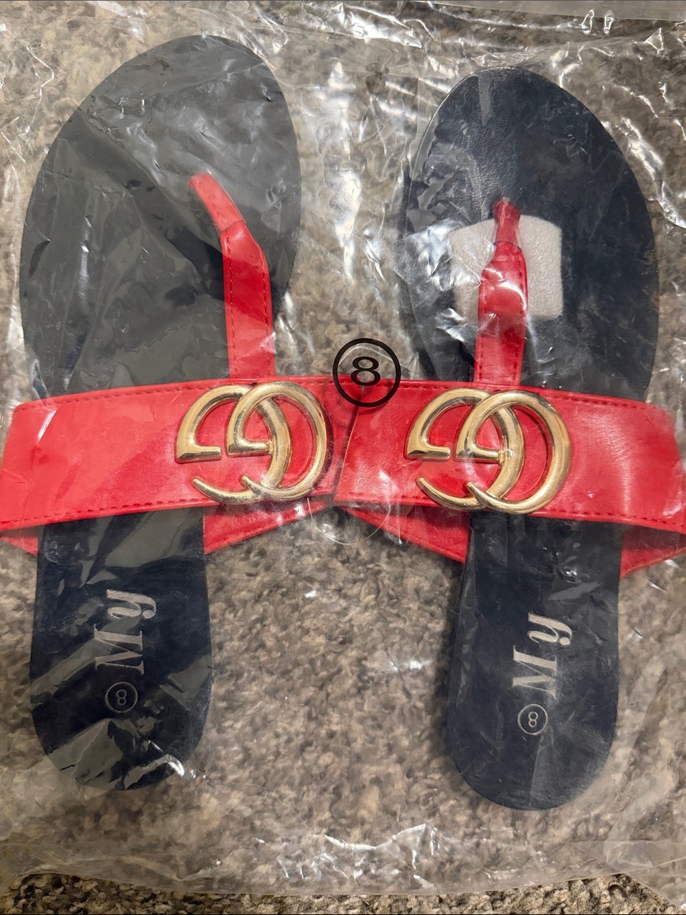 Red Slip-On Women's Sandals with Gold Double-Ring Accent